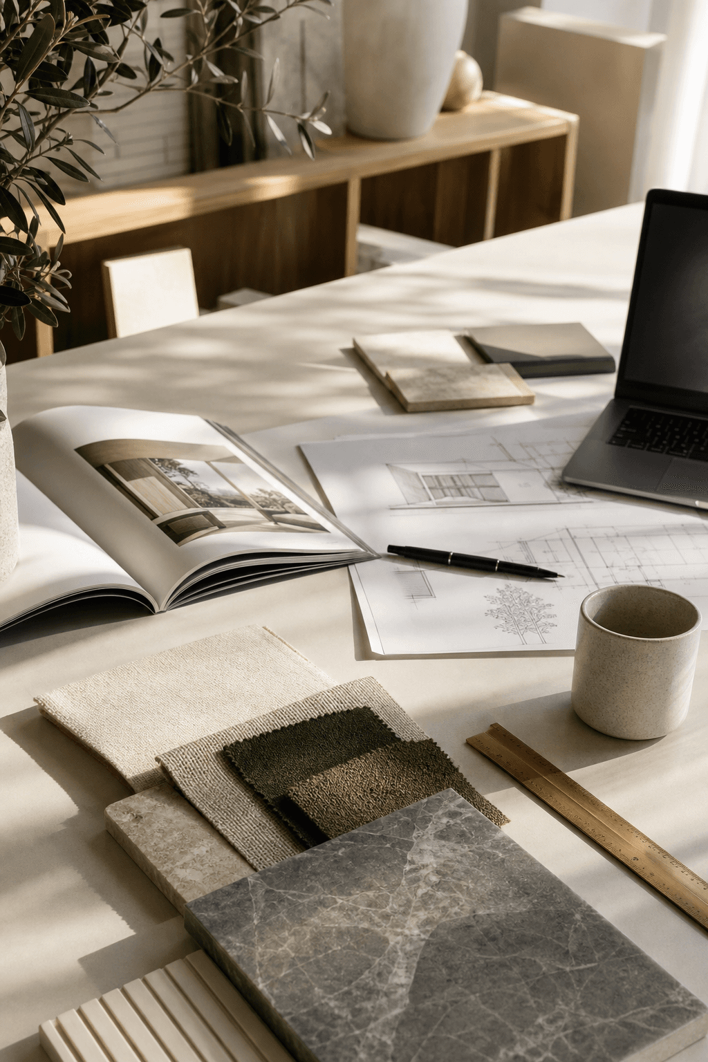 Materiais de arquitetura e interiores sobre mesa